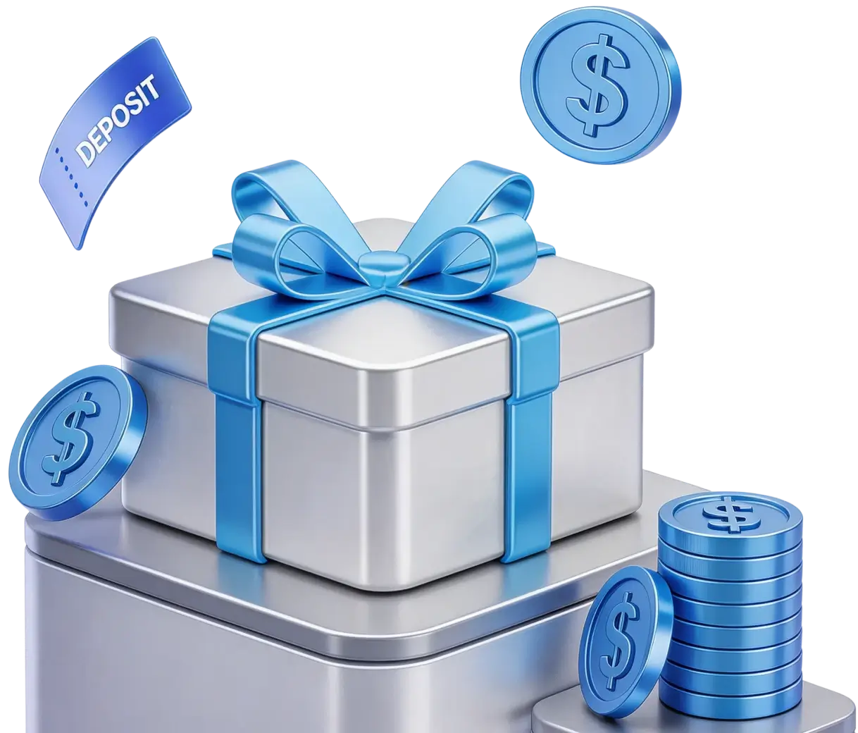3D illustration of a gift box with blue ribbon, deposit tag, and floating reward coins for Slay4X 100% deposit bonus