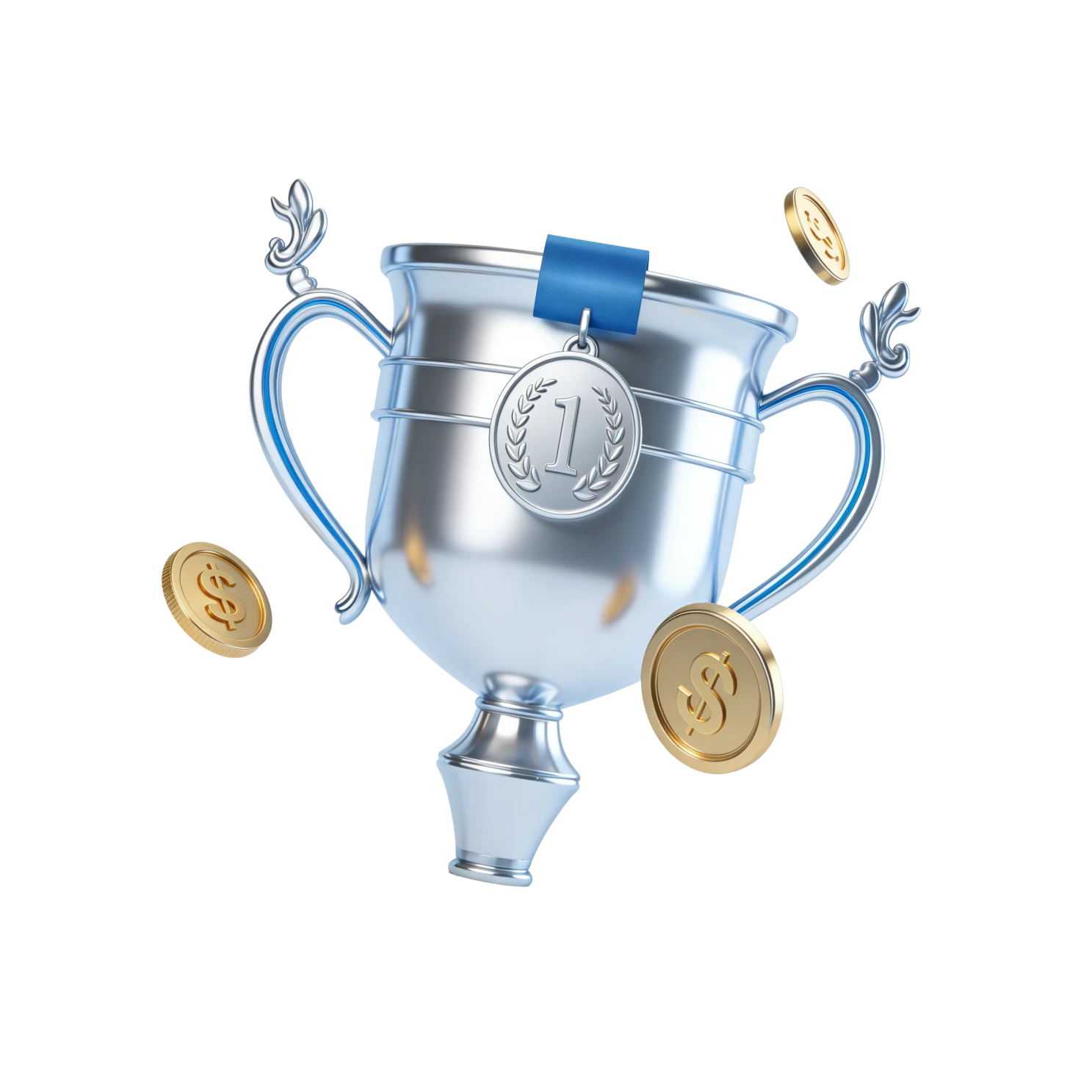 3D illustration of a trophy with number one medal and floating coins for Slay4X Trade to Win campaign